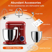 CEBORY SM-1533P 3-IN-1 Stand Mixer, 6.5 QT Tilt-Head 10-Speed Food Mixer, Empire Red