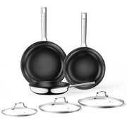 Innerwell 6Pc Stainless Steel Nonstick Ceramic Frying Pan Set with Glass Lids, Silver