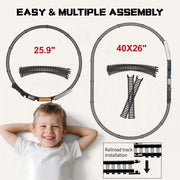 TOPFOX Classic Electric Train Set with Realistic Sounds and LED Lights, 14 Tracks, Locomotive, Coal Car, Log Car, Passenger Car, Child-Safe ABS Plastic