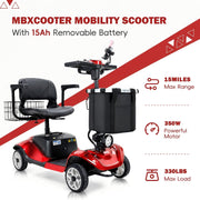 Mbxcooter 4 Wheel Mobility Scooter for Seniors and Adults, Foldable Electric Wheelchair, 350W Motor, 15 Mile Range, Adjustable Seat, LED Lights, 300 lb Capacity, Compact Travel Design