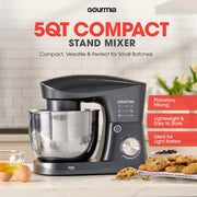 Gourmia 5 Quart 10-Speed Electric Stand Mixer with Bowl Shield, Dough Hook, Beater, Whisk, Grey, GSM408