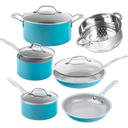 Gotham 10 Piece Pots and Pans Cookware Sets, Aqua Blue - 100% PFOA Free