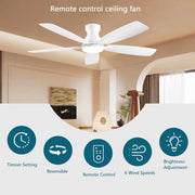 JSAITEE Ceiling Fan with Lights, 52 Inch Low Profile Flush Mount, Black, DC Reversible Motor, 6 Speeds, Remote Control, Dimmable LED Light SY66-Black