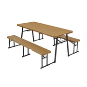 Living & More 3-Piece Picnic Table Set, 6 Foot Polyethylene Folding Table with 2 Folding Benches, Weather Resistant, Dark Brown Wood Finish, Black Metal Legs