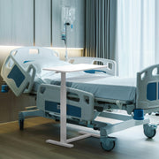 MCQ Adjustable Overbed Bedside Table, Height Adjustable 29.5-43.3 in, White Wood Surface, Hidden Wheels, H-Shaped Base Stability, CXZ-WT
