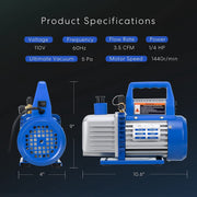 SPECSTAR VH321US 110V 1/4 HP 3.5 CFM Single Stage Rotary Vane Air Vacuum Pump with Oil Bottle, Blue