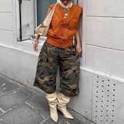 Yyy Women Camo Cargo Pocket Wide Leg Pants, Loose Fit, Elastic Waist, Green, Size S