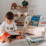 WoodandHearts Montessori Wooden Adam Bookshelf for Toddlers, 2-Shelves, White and Natural Birch Plywood, Minimalist Design, 22in x 9.8in x 14.5in, AAFG008
