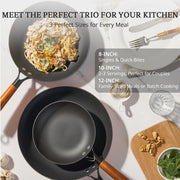 Kitessensu Enameled Cast Iron Skillet Set, Non Stick, Cool Wooden Handles, 8 Inch, 10 Inch, 12 Inch, Burgundy Red