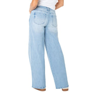 Celebrity Pink Women's Baggy Wide Leg Jeans, Medium Stone Wash, Mid Rise, Banded Waist, Exterior Pockets, 32