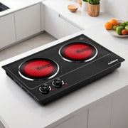 CUSIMAX Electric Hot Plate Double Burner, 1800W Infrared, Ceramic Glass Surface, Stainless Steel, Portable Countertop Stove