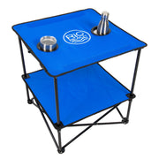 Rio Beach Folding Outdoor Table, 22in Square Blue Fabric Top with Integrated Cupholders and Storage Shelf, Lightweight Steel Frame, FTS22-46-1