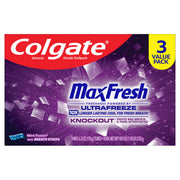 Colgate Max Fresh Knockout Mint Toothpaste, Enamel-Safe with Mini Breath Strips, Fluoride Cavity Protection, Whitening, 3 Pack 6.3 oz