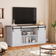 Homall Farmhouse Sliding Barn Door TV Stand, White, Supports TVs up to 65 Inch, Adjustable Shelves, Carlo Oak Wood