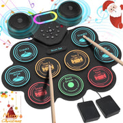 Lvelia Electronic Drum Set, 9 Touch-Sensitive Pads, Roll-Up Design, Built-In Dual Speakers, Rechargeable Battery, Portable MIDI Drum Kit with Headphone Jack and Foot Pedals