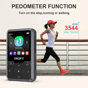 SWOFY Clip On MP3 Player, Portable Wearable Player with 32GB Storage, Bluetooth 5.0, FM Radio, Recording, Pedometer, Black