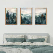 TOARTi Watercolor Misty Forest Framed Canvas Wall Art Set, Nature Landscape, Foggy Mountain Pine Trees, Three-Piece, 16x24x3 in