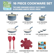 Tasty 16 Piece Clean Ceramic Non-Stick Aluminum Cookware Set, Slate Blue