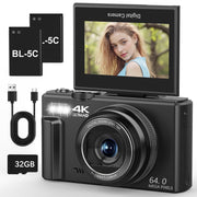 Saneen Digital Camera 64MP 4K UHD Vlogging Camera with 3-Inch 180 Flip Screen, 18X Digital Zoom, WiFi Enabled, Black W08C-Black