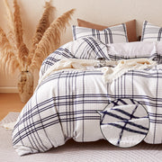Sonive Waffle Duvet Cover Set, Breathable Waffle Weave, Blue Grid Plaid, Queen