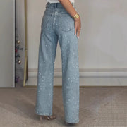 CassandraHayley Womens High-Waisted Rhinestone Washed Jeans, Full Rhinestone Detailing, Straight-Leg, Soft Stretch Denim