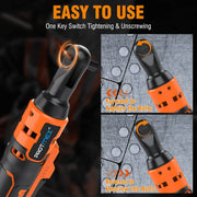 Protmex 3/8 Cordless Ratchet Wrench, 21V Pure Copper Motor, 60FT-LBS Torque, 400 RPM Variable Speed, 2 X 2.0Ah Batteries, 8 Sockets, 1/4 Adapter, 3 Extension Bar