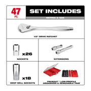 Milwaukee 0.5 inch Drive 47 Piece Ratchet and Socket Set with Packout Case, Directional