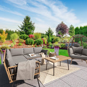 Dextrus L-Shaped Patio Sofa Set, All-Weather PE Rattan, Gray Cushions, Tempered Glass Coffee Table, 4-Piece Outdoor Sectional