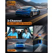 Odrey 3 Channel 5.8G WiFi Dash Cam Front and Rear Inside, 2.5K+1080P+1080P Dashcam - Triple Recording Clarity