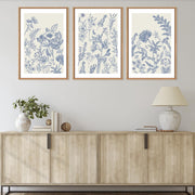 HPINUB Classic Chinoiserie Floral Framed Canvas Wall Art Set, Blue and White Watercolor Botanical Flowers, Navy Blue Minimalist, 16x24 in, Set of 3