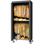 Sakugi Wardrobe Closet Clothes Rack with Cover, Full-Length Hanging Rod, Three Shelves, Six Hooks, Rust-Resistant Metal, Rolling Wheels, Black, 33 x 12.5 x 79 in, 19014971005