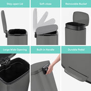 QualiaZero Kitchen Trash Can, 13.2 Gallon Rectangular Stainless Steel, Matte Gray, Soft-Close Lid, Step Pedal, Fingerprint-Resistant, QZ10014