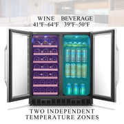 Lanbo Under Counter Dual Zone Wine Refrigerator and Beverage Cooler, 31 Bottle Capacity, 76 Can Capacity, Stainless Steel, 30 Inch Width, LW3370B