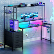 Casacomoda 55 inch Gaming Desk with LED Lights & Power Outlets, Home Office Desk with Reversible Storage Drawers & Monitor Shelves