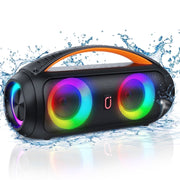 JYX Bluetooth Speaker D16-T, Waterproof Portable Boombox, Dual 20W Subwoofers, Bluetooth 5.3, Wireless Microphones, RGB DJ Lights, Remote Control, Black