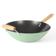Martha Stewart Everyday Clarkston 14-Inch Sage Carbon Steel Wok with Nonstick Interior and Beech Wood Handles