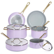 Chef Power 10 Pc Ceramic Nonstick Cookware Set, Purple with Light Gold Stainless Steel Handles, Oven Safe to 450F, Dishwasher Safe, Stars Series