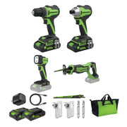 Greenworks 4 Pc Power Tools Combo Kit, PowerAll 24V Brushless Motor, Drill, Impact Driver, Reciprocating Saw, Adjustable Work Light, CK344A1