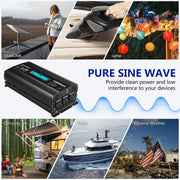 Voltworks 1000W Pure Sine Wave Power Inverter, DC 12V to AC 110-120V, 3 AC Outlets, 2.4A Dual USB Ports, LCD Display, Black, VS-1000PB
