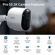 Arlo Pro 5S Spotlight Wireless Outdoor Security Camera, 2K HDR, Color Night Vision, Rechargeable Battery, Dual-Band Wi-Fi, 12x Zoom, 160 Field of View, Pack of 2, White, VMC4060A