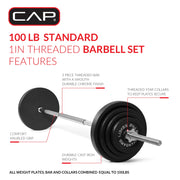 Cap Barbell 100lb Standard Cast Iron Weight Set with Thread Lock 3-Pc Bar, Black, RS2IS-100T3-TC