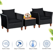 Costway HW66532BK 3-Pieces Wicker Patio Conversation Set Wooden Table Top with Black Cushions - Black