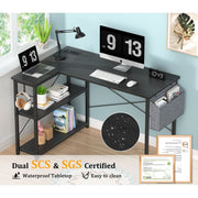 Mr IRONSTONE 47 Inch L-Shaped Desk with Built-in Power Outlets and USB Ports, Reversible Shelving, Adjustable Storage, Black