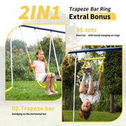 Fashionsport Outfitters Metal Swing Set, 5-in-1 Outdoor Playground with Double Wall Slide, Flying Saucer, Teeter-Totter, Two Person Swings, Trapeze Bar, Yellow