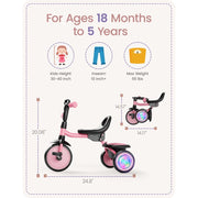 Besrey Toddler Tricycle with Adjustable 4-Position Seat, Motion-Activated Flashing LED EVA Foam Wheels, Bell, Foldable Handlebar, Pink, Ages 18 Months to 5 Years, BSR-KSE08