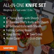 GSI Outdoors 90105 Santoku Knife Set, Compact 6-Piece Camping Chef Knife Kit with Cutting Board, Sheaths, Soap Bottle & Travel Case