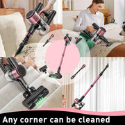 Cocbny A27 Cordless Stick Vacuum Cleaner, Powerful 350W Suction, Green LED Light, Anti-Tangle Brush, Lightweight 7 lb, Rechargeable with Detachable Battery, Pink