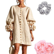Floral Button-Down Mini Dress with Artisan 3D Floral Cuffs, Round Neck, Puff Sleeve, A-Line Shift, Orange, Women's Small
