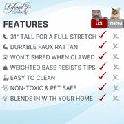 The Refined Feline Calypso Everlasting Cat Scratcher, 31-Inch Tall, Claw-Proof Faux Rattan, Weighted Base, Smoke