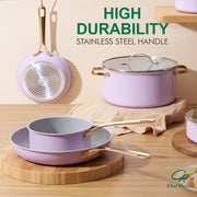 Chef Power 10 Pc Ceramic Nonstick Cookware Set, Purple with Light Gold Stainless Steel Handles, Oven Safe to 450F, Dishwasher Safe, Stars Series